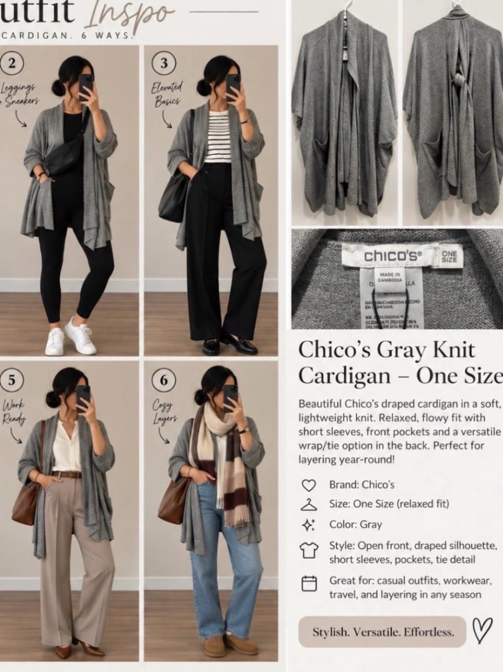 Chico’s Gray Knit Cardigan Wrap – One Size – NWT
